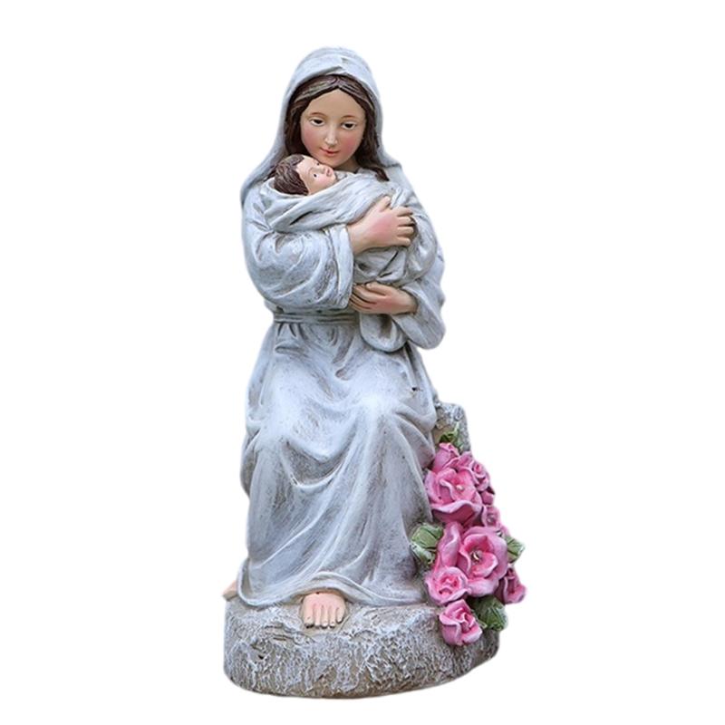 

Sitting Mother Child Figurine with LED Light Religious Holy Family Statue Living Room Decoration Heartwarmings Gift сірий