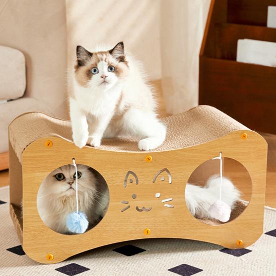 Cat Scratcher House Double Layers Corrugated Paper Scratch Cardboard Lounge Bed 2-in-1 Indoor Cats Scratching Board House with Interactive Ball