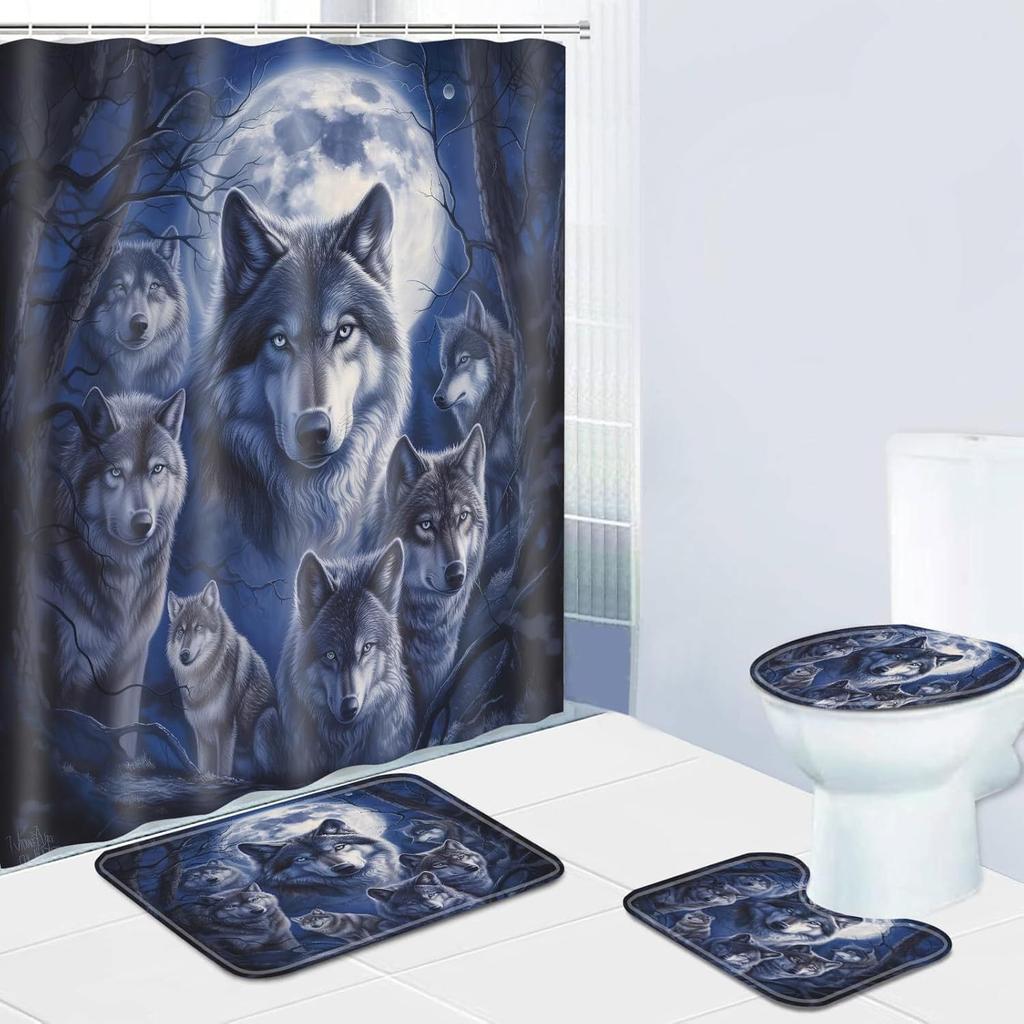 Wolves Under The Moon Four-Piece Bathroom Shower Curtain Floor Mat Three-Piece Toilet Cover