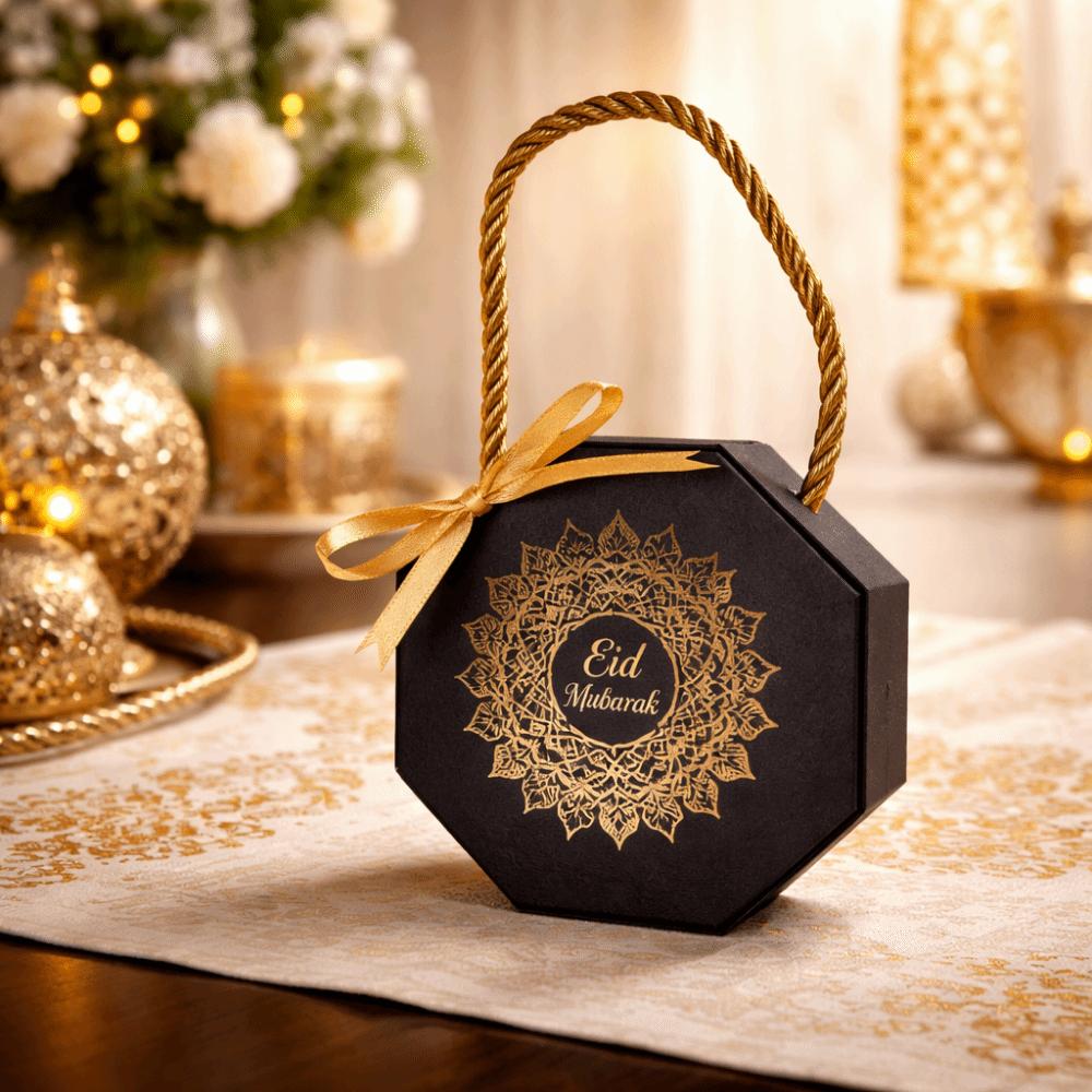 10Pcs Satin Ribbon Bow Eid and Ramadan Gift Boxes Gold Stamping Reusable Ramadan Gift Box Portable Simple Gift Packaging Bags