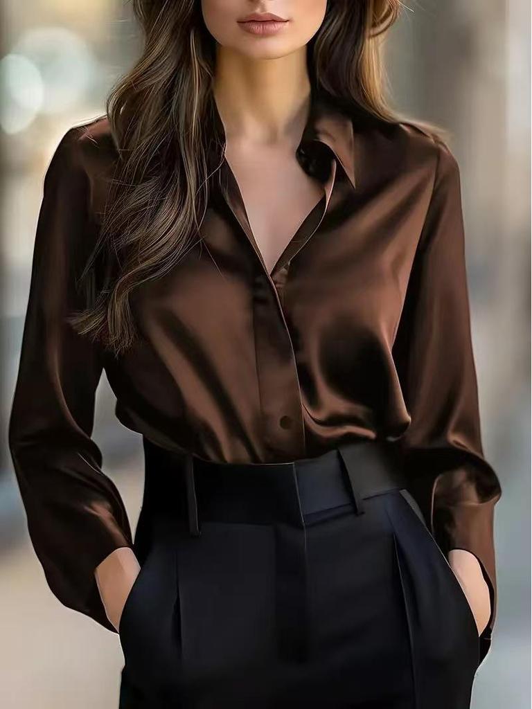 Cross2026 Women's Satin Long Sleeve Shirt - Autumn Fashion, Single Breasted Lapel, Plain Color for a Sophisticated Look