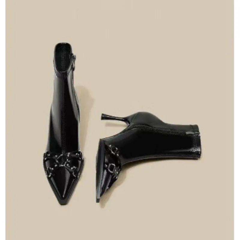 2026 New Woman Ankle Boot Pointed Toe High-heel Metal Stiletto Heels Leather Fashion Side Zipper Elegant Short Boot Women Shoes