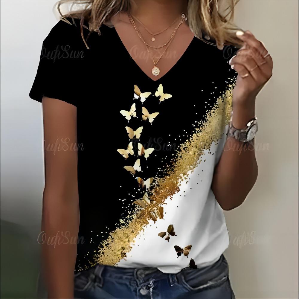Summer Women V-neck Short sleeved Butterfly 3D Print Top Fashion Large T-shirt Women's Clothing