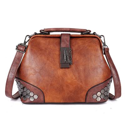 Vintage Rivet Tote Handbag Female PU Leather Crossbody Bag Retro Contrast Color Shoulder Bag for Women Designer Handbags with Lock Top Handle Bags