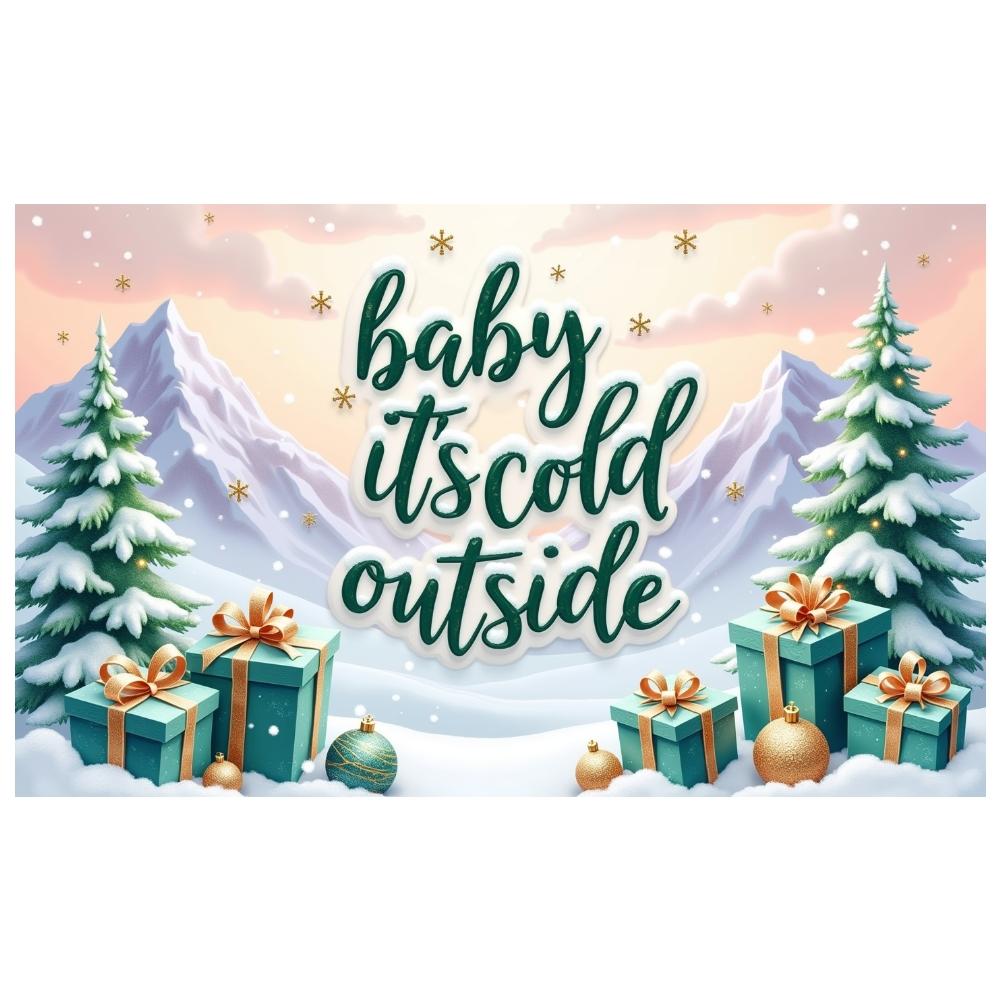 Cold Outside Banner Gift Box Winter Backdrop Christmas Backdrop Green Lettering Xmas Banner For Holiday Celebration Christmas