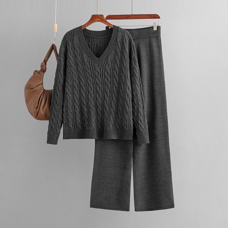 Women's Autumn And Winter Wide Leg Pants Sweater Two-Piece Set Women's V Neck Knitted Set