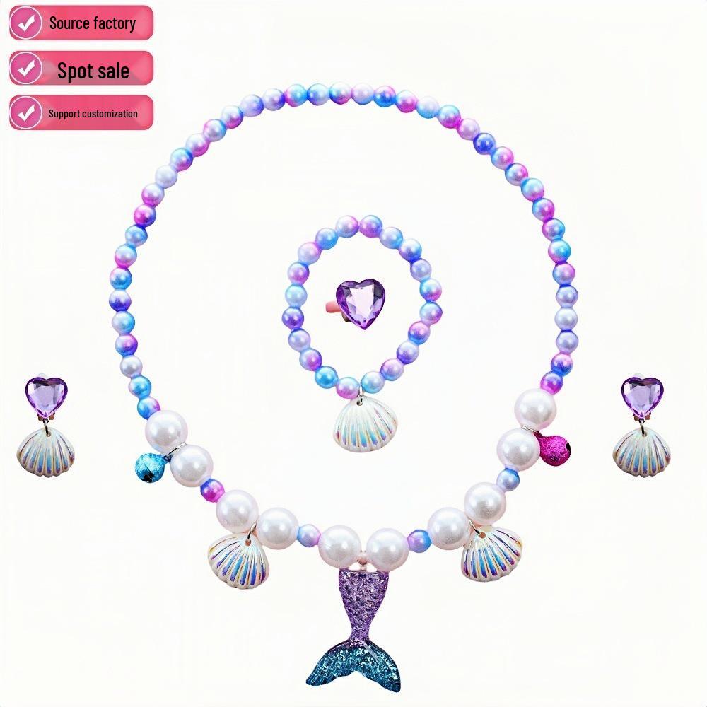 Colar de Pérolas de Sereia e Conjunto de Acessórios de Princesa para Meninas - Conjunto de 5 Peças para Presente de Feriado