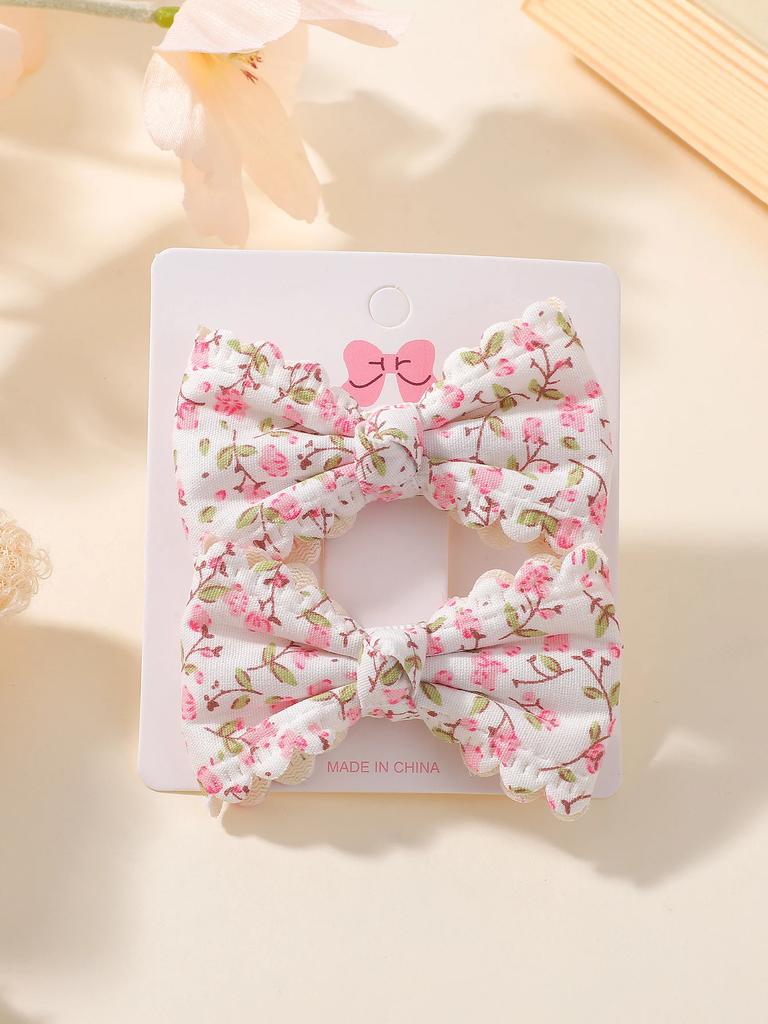 2Pcs/Set Flower Print Hair Clips Kids Bows For Baby Girls Handmade Plaid Cute Bowknot Hairpin Barrettes Cotton Hair Accessories