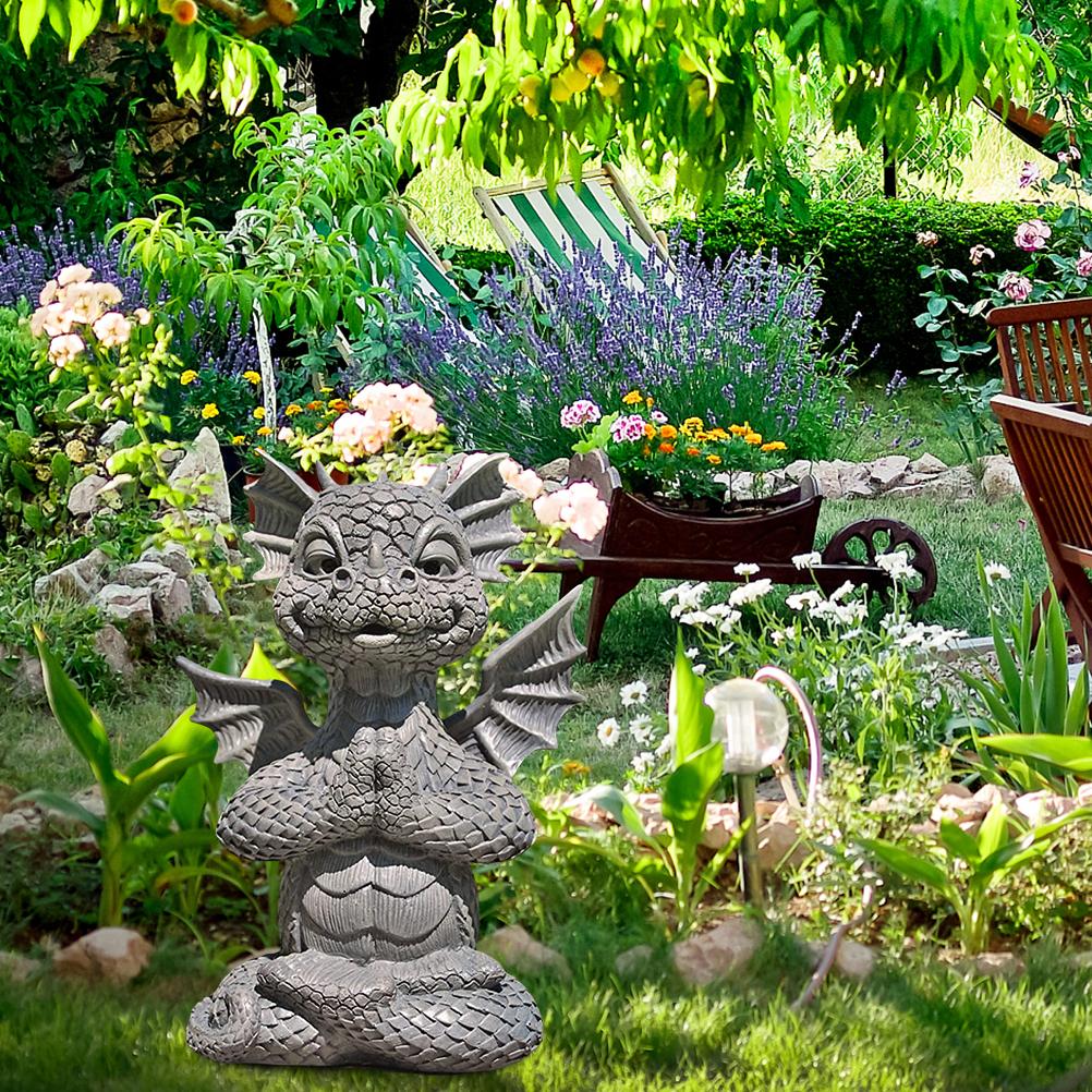 Cute Baby Dragon Statue Blinking Yoga Dragon Garden Ornament Gray Home Decor