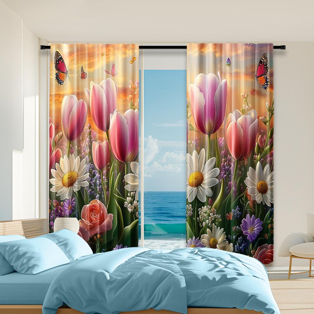 

Versatile Polyester Transparent Curtains Home Decoration Vibrant Tulip Use Bedrooms Living Rooms Curtain Set Of 2 Made Washable Room Ready W100*H70(CM)-Rod Pocket&2PCS