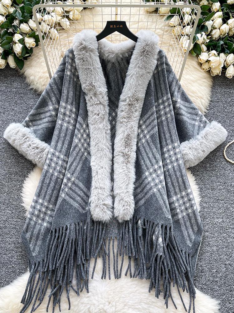 Autumn Winter Vintage Outerwear with Fur Collar Knitted Cardigan Tops for Women Loose Elegant Plaid Shawl Cloak Coat L66
