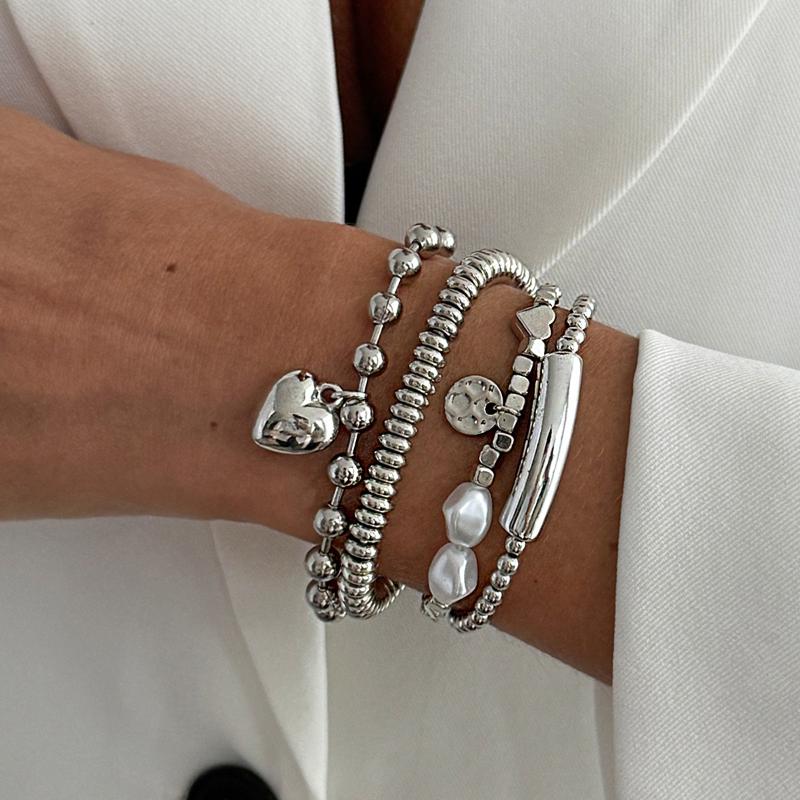 Love Pearl Bead Bracelet Set Retro Simple Elastic Bracelet Women Charm  Ins Style Bracelet Daily Jewelry Party Gift