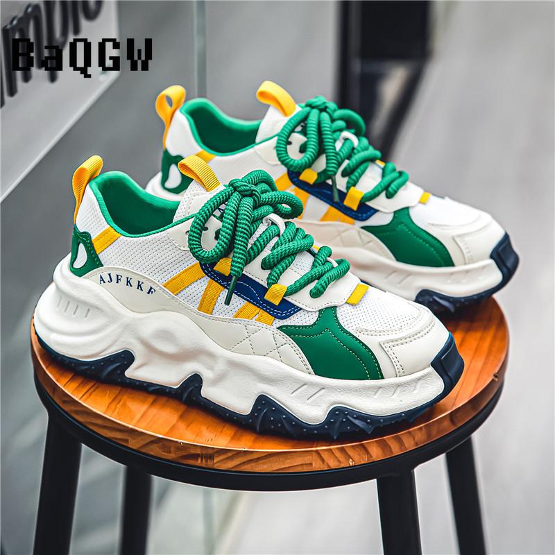 Fashion Chunky Sneakers Men Soft Sole Running Shoes Fashion Casual Leather Color Block Design Breathable Height Increased Platform Shoes