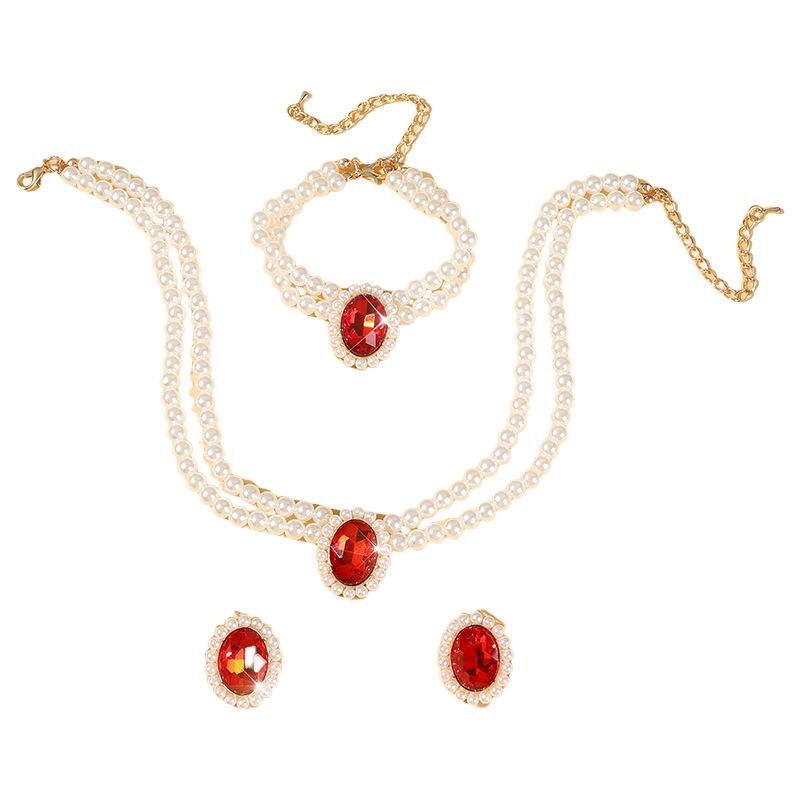 Multi-layer Neck Chain, Double-layer Imitation Pearl Oval Crystal Necklace, Stud Earrings, Bracelet, Three-piece Set.
