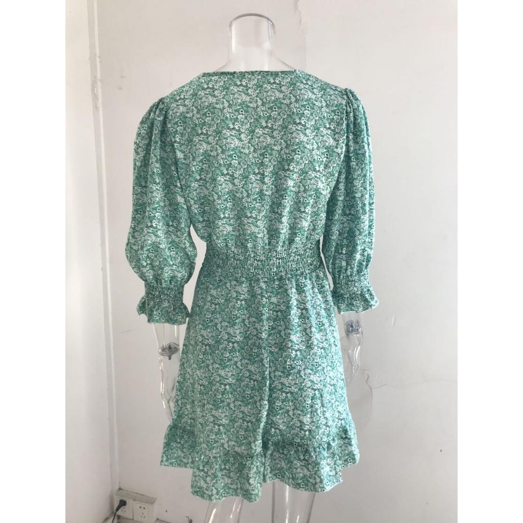 Women's Boho Floral Print Midi Dress, V Neck Short Sleeve High Waist Casual Summer Dress for Women