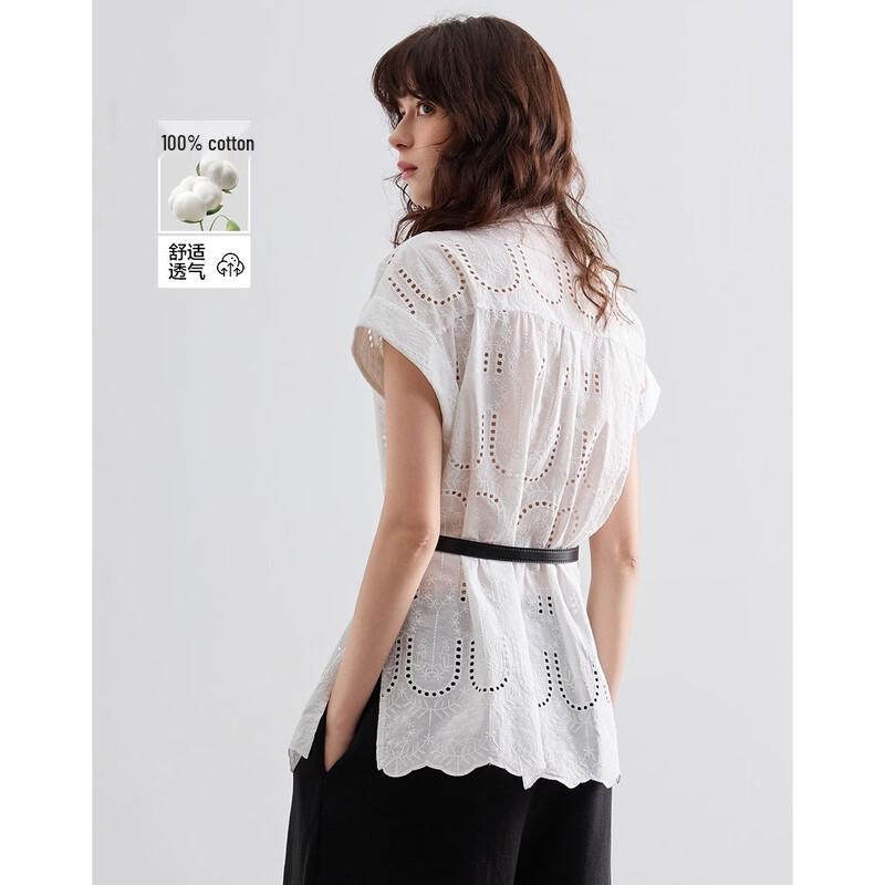 Demana Women s Pure Cotton Summer V-Neck Lace Short Sleeve Blouse with Contrast Belt XL