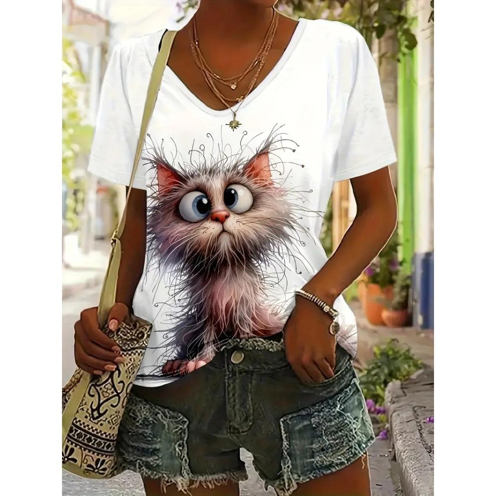 Trendy Summer Cartoon Animal Printing Casual Fashion Short Sleeve Street V-neck Women's OverSize Clothing