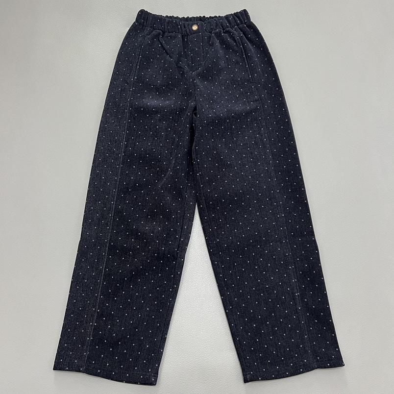 Retro Velvet Navy Polka Dot Women s Elastic Waist Long Pants Large