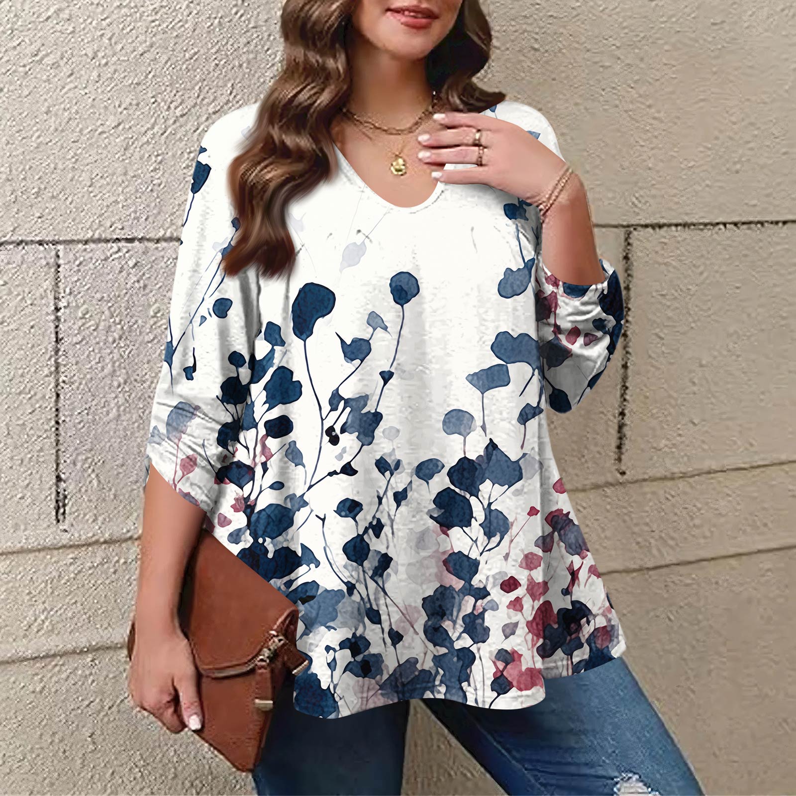 

Женский модный топ большого размера с принтом, повседневный плиссированный, с круглым вырезом и длинными рукавами XXXL тёмно-синий