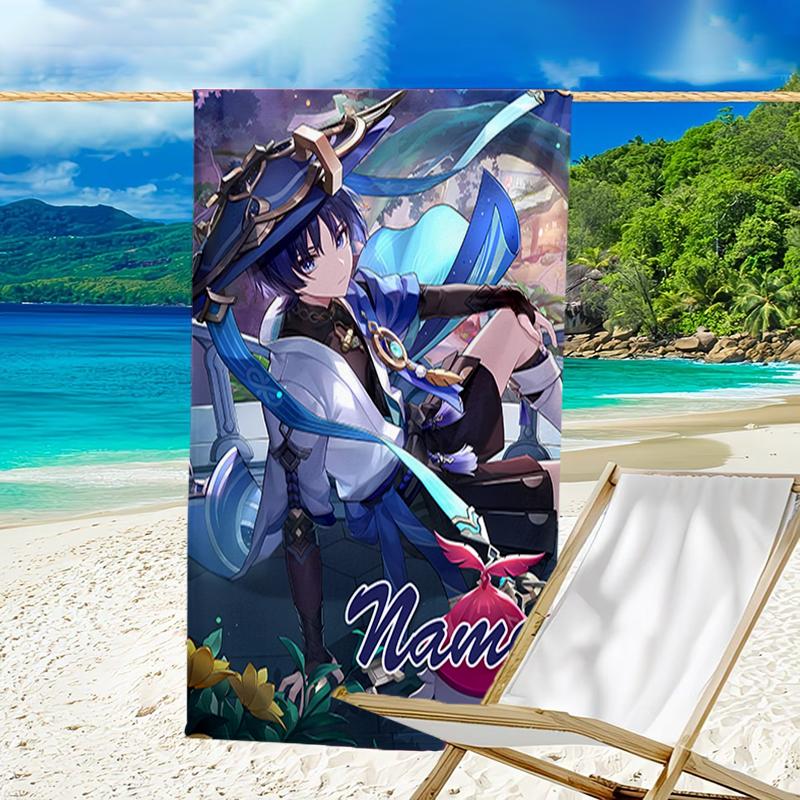 1pc Genshin Impact4 Beach Towel with Custom Name, Beach/Swimming/Bath/Picnic/Camping Towel, Suitable for Seaside Beaches