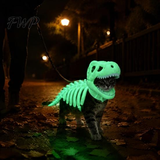 Night Walking Reflective Pet Apparel Glow In The Dark 3D Dinosaur Skeleton Costume, Plush Halloween Cosplay Outfit for Cats Dogs, Luminous Dino