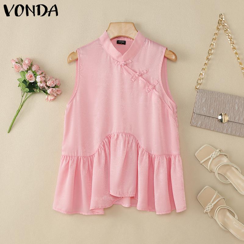 VONDA Women Chinese Style Sleeveless Irregular Ruffled Glitter Casual Tank Tops