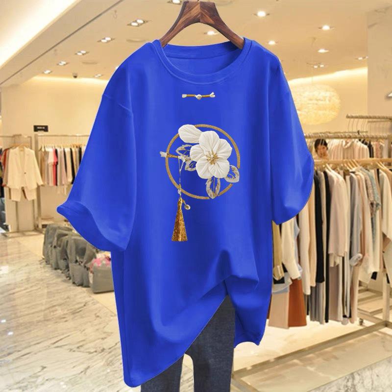 New Chinese Style Pure Cotton Medium and Long Short-sleeved T-shirt Women's Summer New Product Butt-covering and Thin Large-size T-shirt Top
