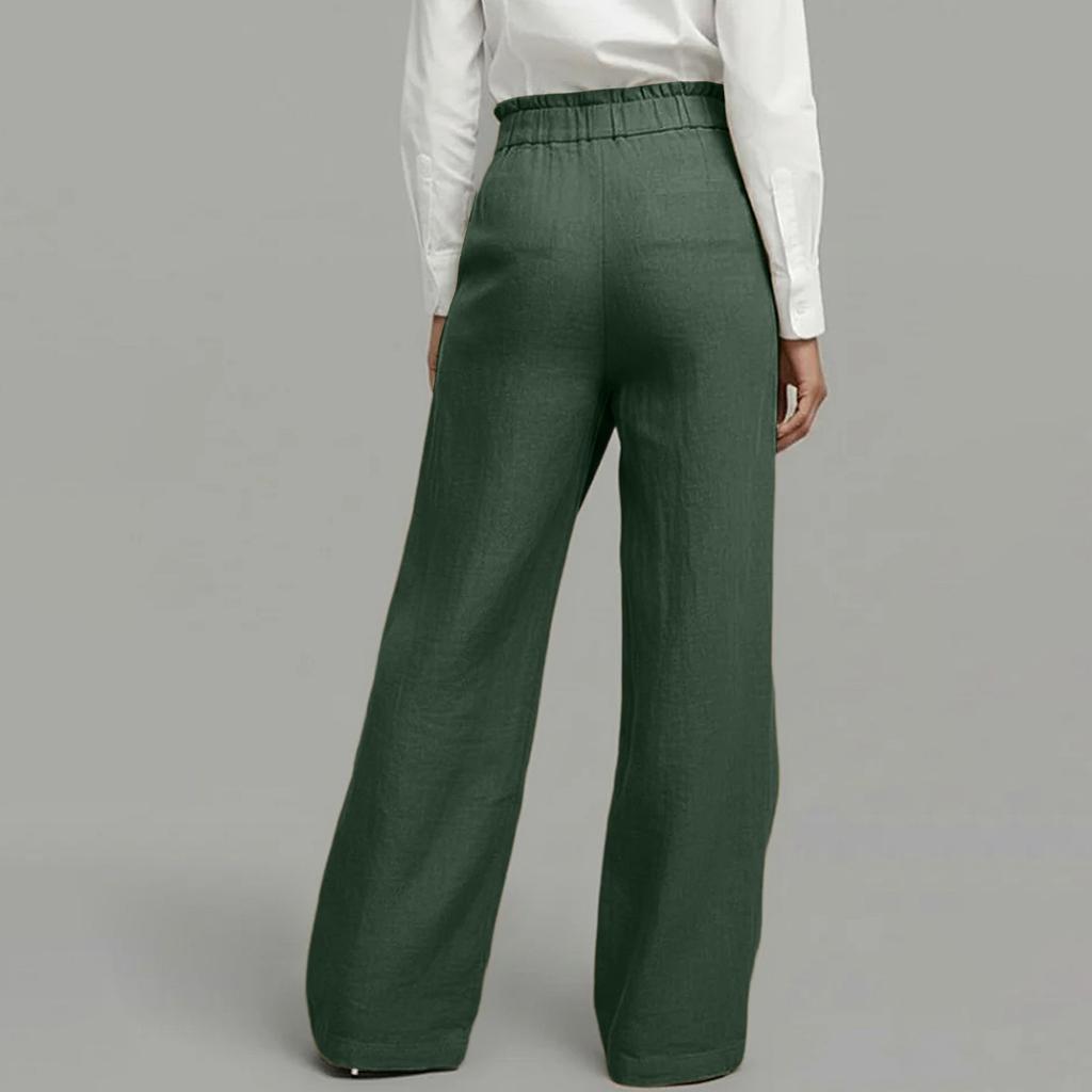 Pantaloni in Lino a Gamba Larga con Chiusura a Incrocio Vita Alta Design Sovrapposto Vestibilità Rilassata da Donna per Ufficio Casual