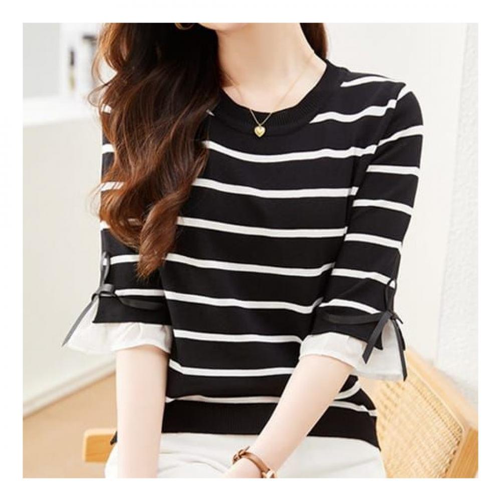 Navava Casual Stripe Ribbon Sleeve 5 Part Knit Nk2109