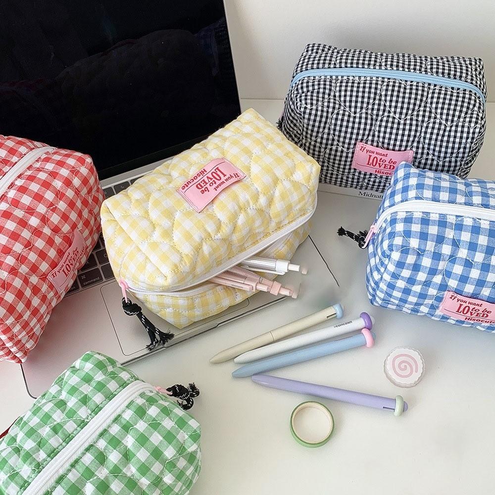 Pen Bag Korean Plaid Stationery Bag Cloth Pencil Pouch Plaid Heart Pencil Case  Office