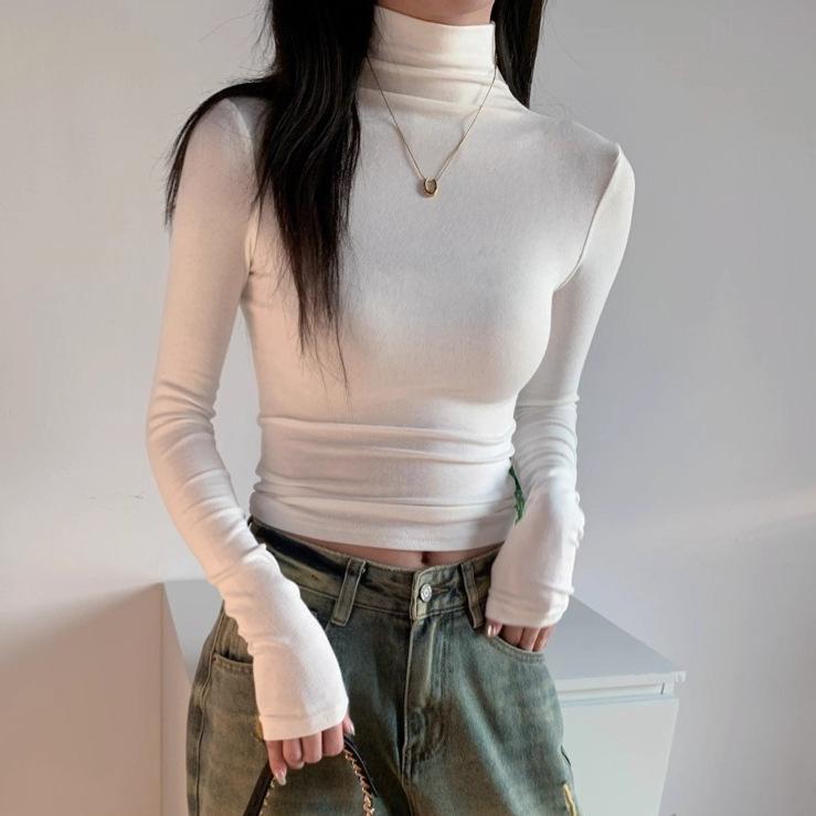 Women's Retro Ribbed Long Sleeve Turtleneck Base Layer Shirt for Autumn/Winter