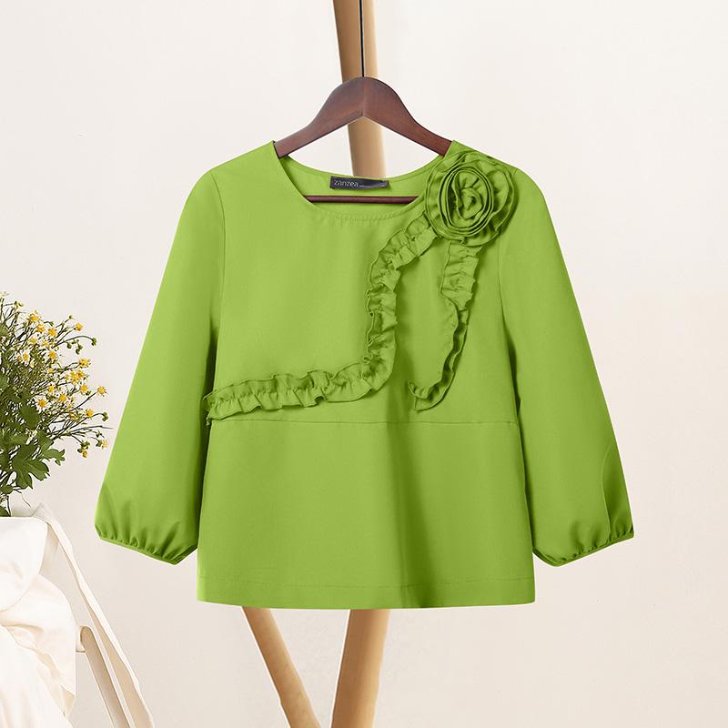 ZANZEA Women Casual Round Neck Loose 3/4 Sleeve Blouse