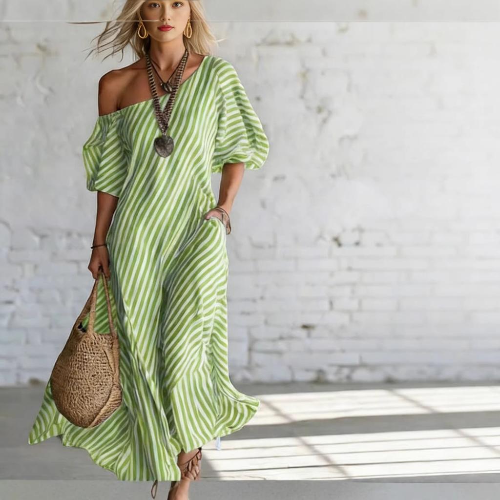 European and American summer new printing elegant classic striped off-the-shoulder dress