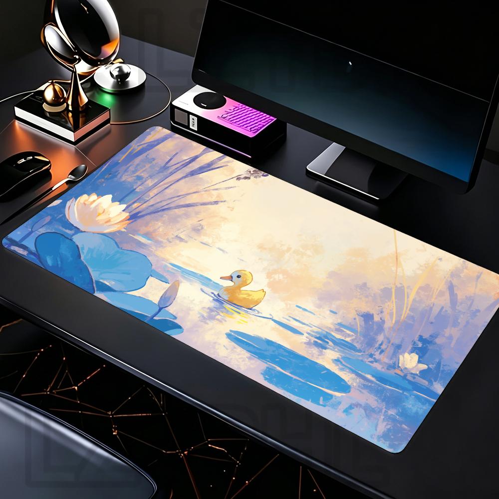 Cute Yellow Duck Lotus Large Extended Desk Mat Anime Scenery XXL Gaming Mouse Pad Non Slip Rubber Keyboard Mat Office Home Decor