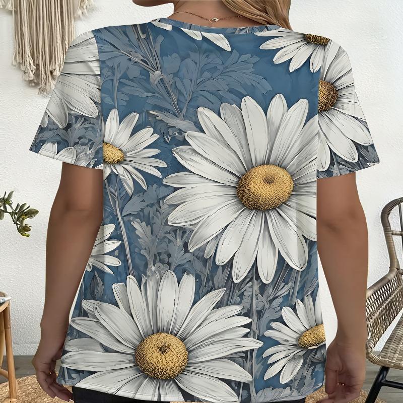 Large Women'S Short-Sleeve Tee Featuring a White Daisy Floral Design, Equipped with Pockets, Perfect for Everyday Travel, College Life, Beach Trips,