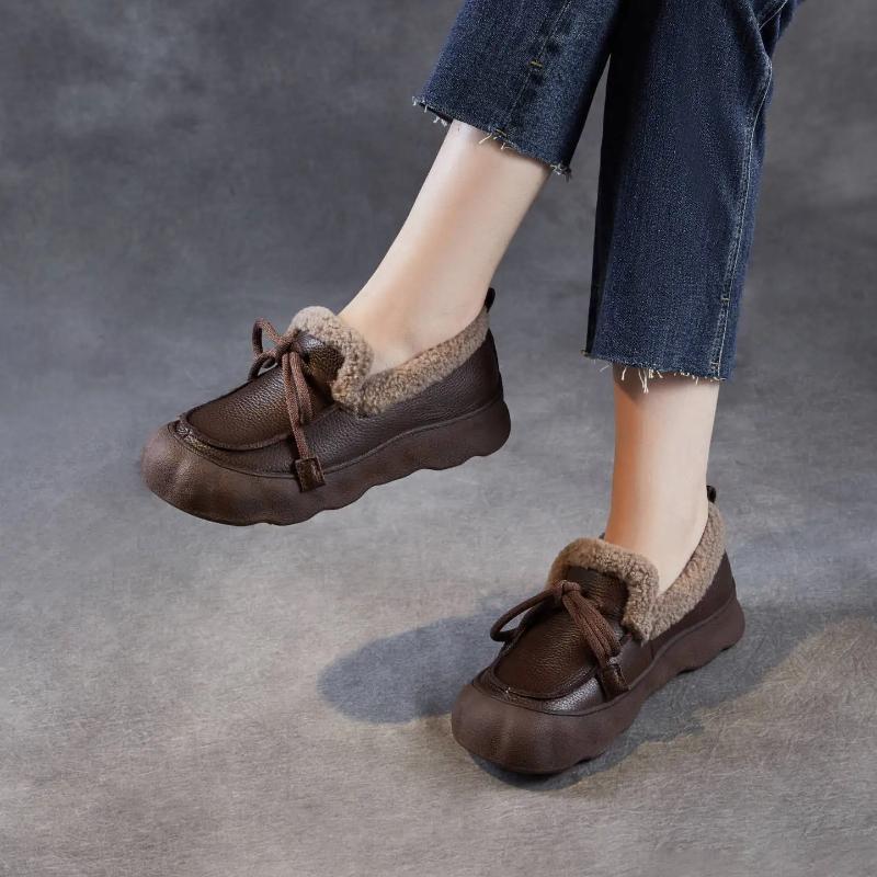 Johnature Plush Warm Loafers Thick Soled Casual Genuine Leather Versatile Round Toe Cotton Shoes