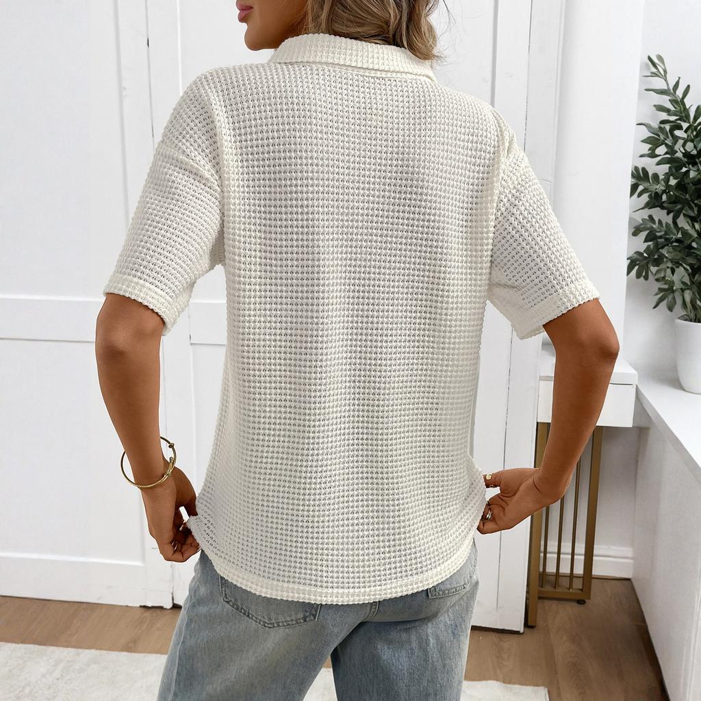 Women's Collared Color Knit Pullover Loose Short,sleeved T,shirt