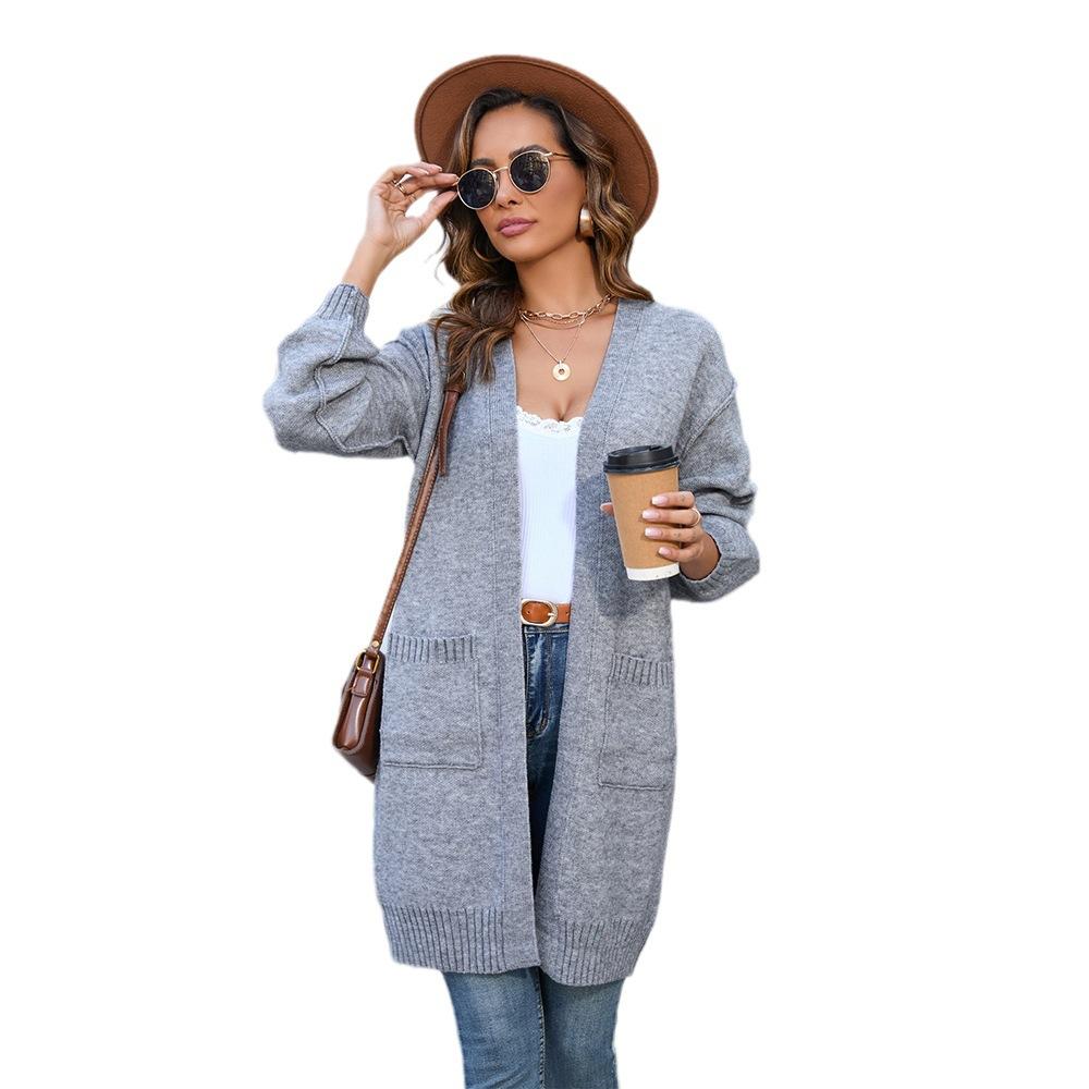 

Женский осенне-зимний вязаный однотонный свитер средней длины с карманом XL темно-серого