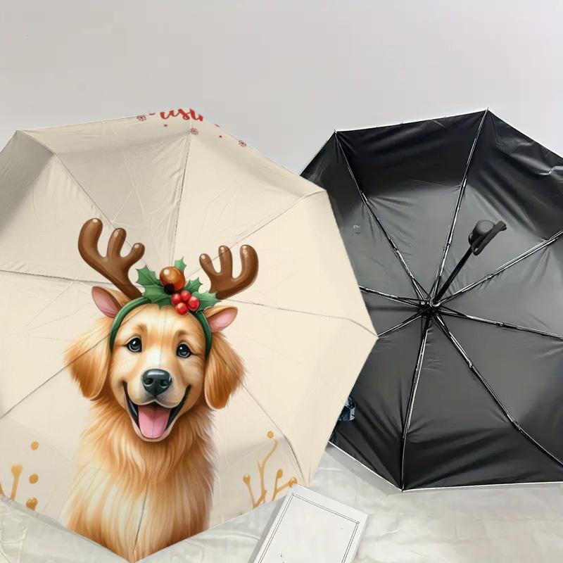 1pc Christmas Golden Retriever with Antlers Umbrella with Plastic Handle,Suitable for All Seasons Home Travel Outdoor UmbrellaDD228