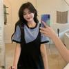 Women's Plus Size Fake Two-Piece Dress Black White Colorblock Casual Summer Short Sleeve A-Line Sundress