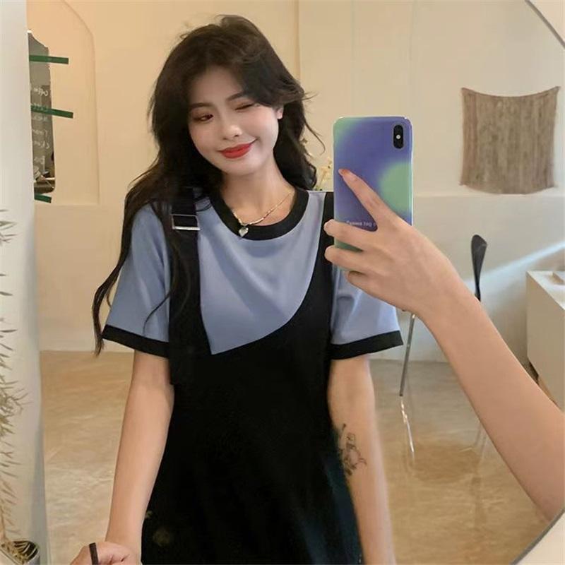 Women's Plus Size Fake Two-Piece Dress Black White Colorblock Casual Summer Short Sleeve A-Line Sundress