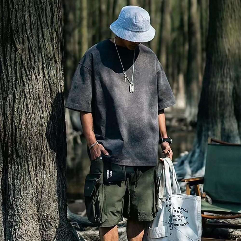 230G Praná Vintage Pánské Tričko s Krátkým Rukávem, Všestranné Jednobarevné Volného Střihu s Kulatým Výstřihem, Trendy Top Ins