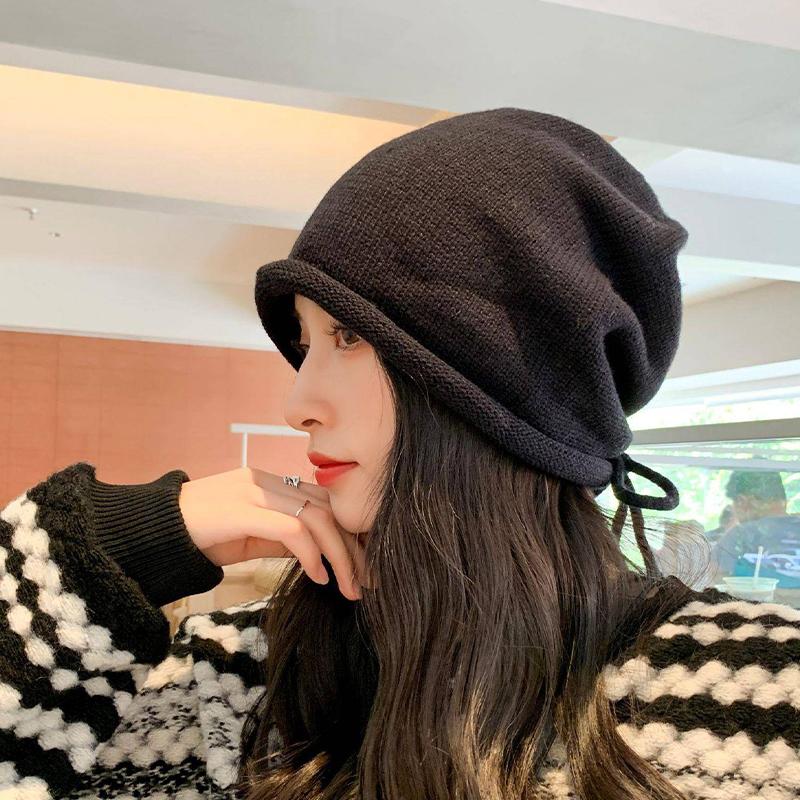 Autumn And Winter Pile Hat With Curled Brim And All-Match Warm Cold Hat With Large Head Knitted Drawstring Hat For Women