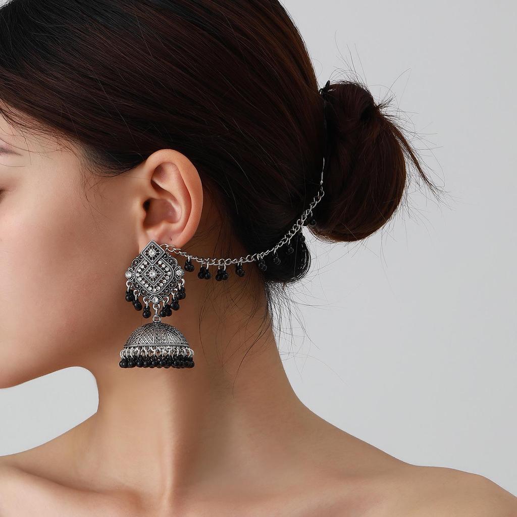 Bohemian Exotic Rhinestone Tassel Necklace & Earrings Set In Antiqued Alloy