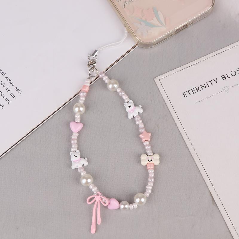 Y2K Cute Pink Puppy Beaded Phone Chain Cartoon West Highland Dog Phone Lanyard Wristband Keyring Universal Hanging Cord
