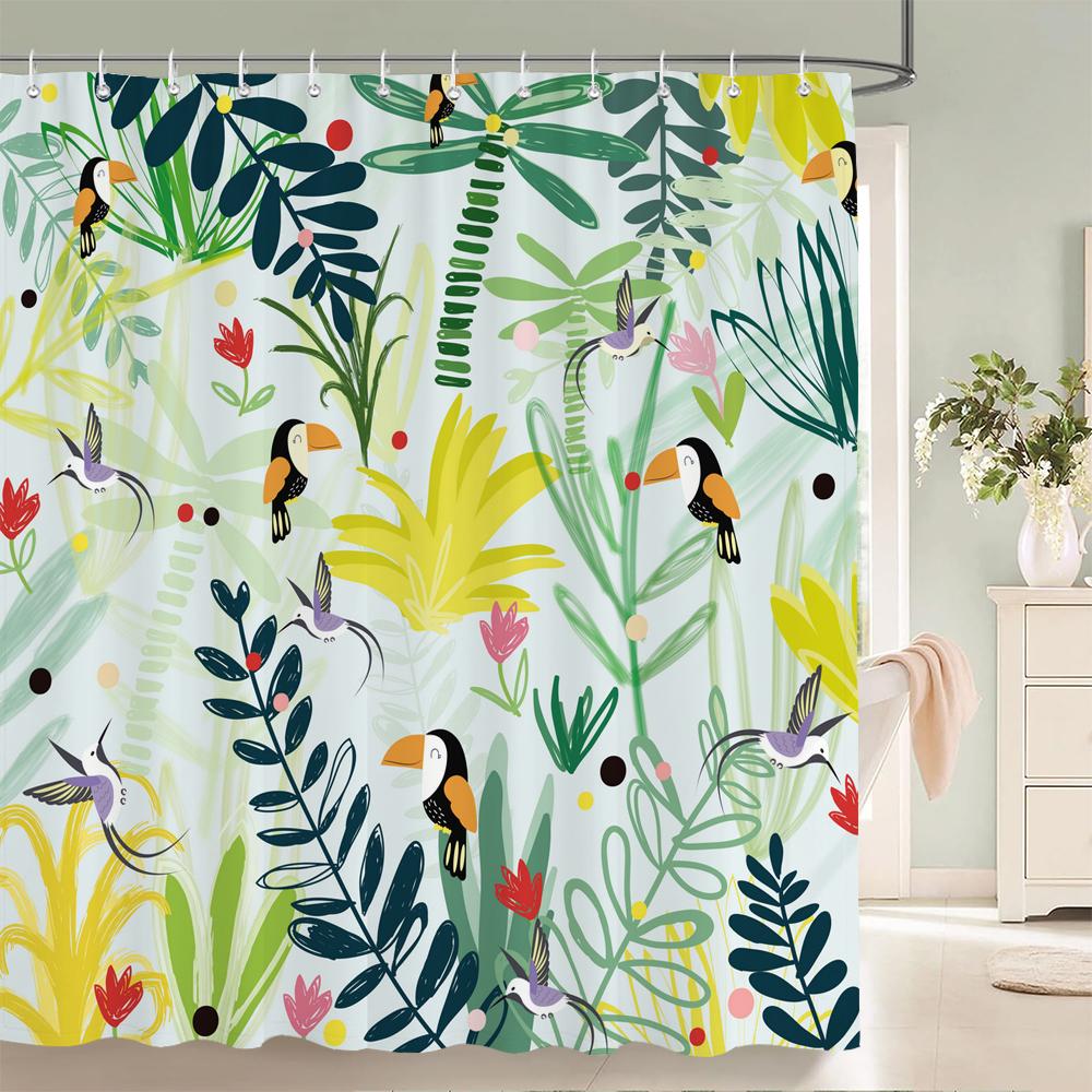 1 pack of Green leaf plant pattern polyester shower curtain bathroom partition curtain with hooks home decorative curtain