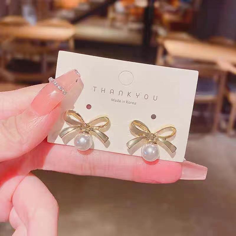 925 Silver Bow Pearl Stud Earrings - Trendy Internet Celebrity Style