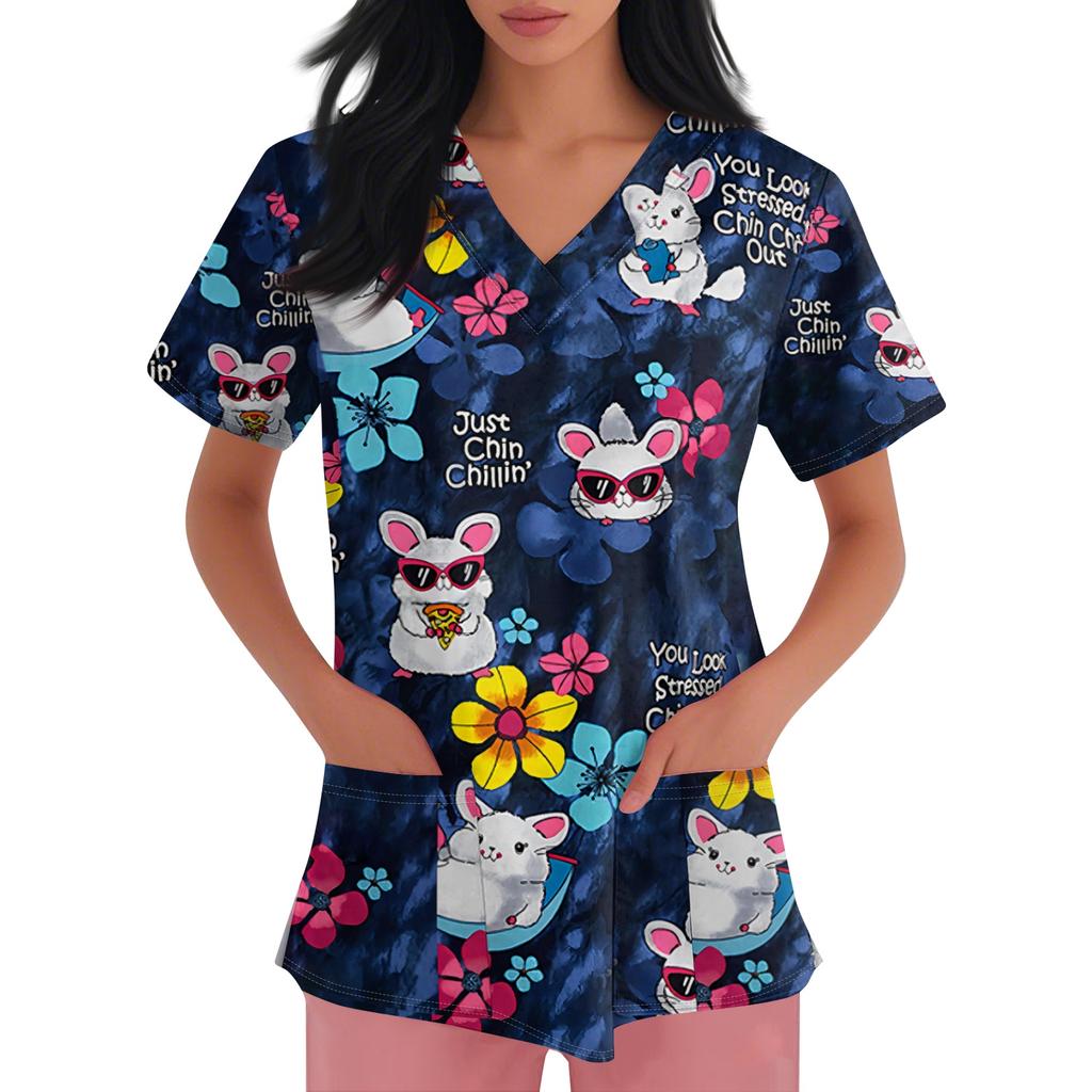 Women's V-neck Cartoon Printed Short-sleeved Pocket Side-slit Protective Suit Top