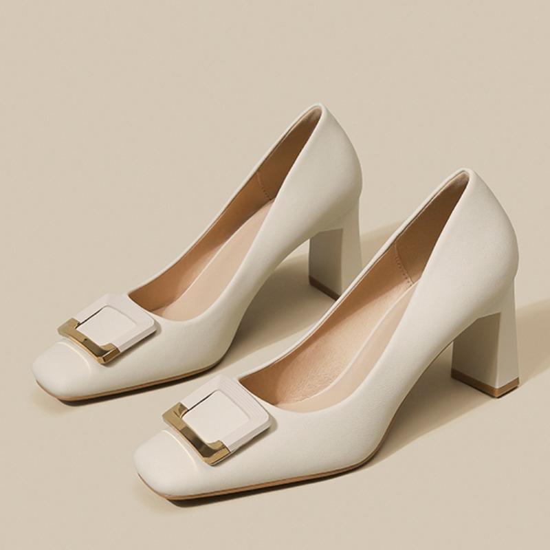 Ladies Shoes 2024 Fashion Slip on Women Pumps Spring Autumn Square Toe Solid Dress Chunky Heels Shallow Shoes Zapatos De Mujer