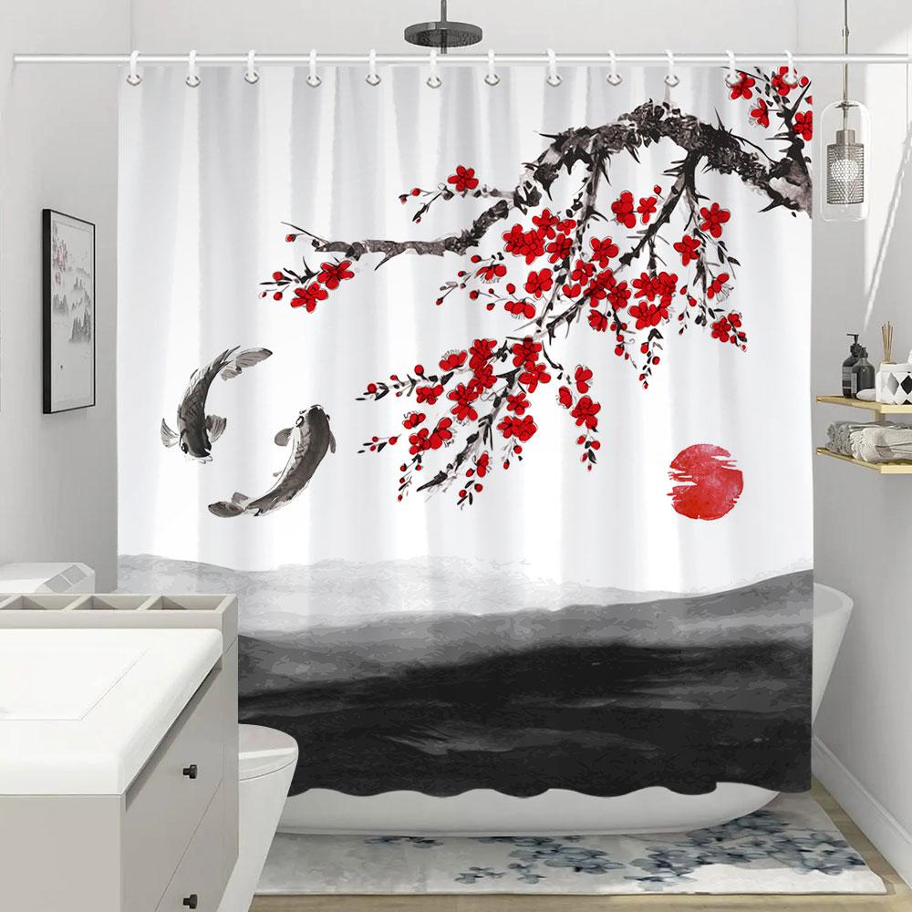 Shower Curtain Red Plum Blossom Branch Japanese Chinese Oriental Sun Misty Mountains Ink Nature Landscape Bathroom Curtains